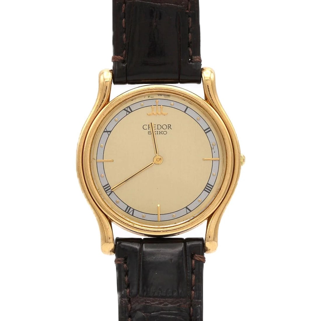 SEIKO CREDOR YG QUARTZ WATCH: Seiko CREDOR YG Quartz Watch Brand: SEIKO Type/Style: Wrist watch Material: Case: Yellow gold Bracelet: Strap Color: Dial color: Gold/Silver Size: Case diameter: Approx. 32 Accessories: None