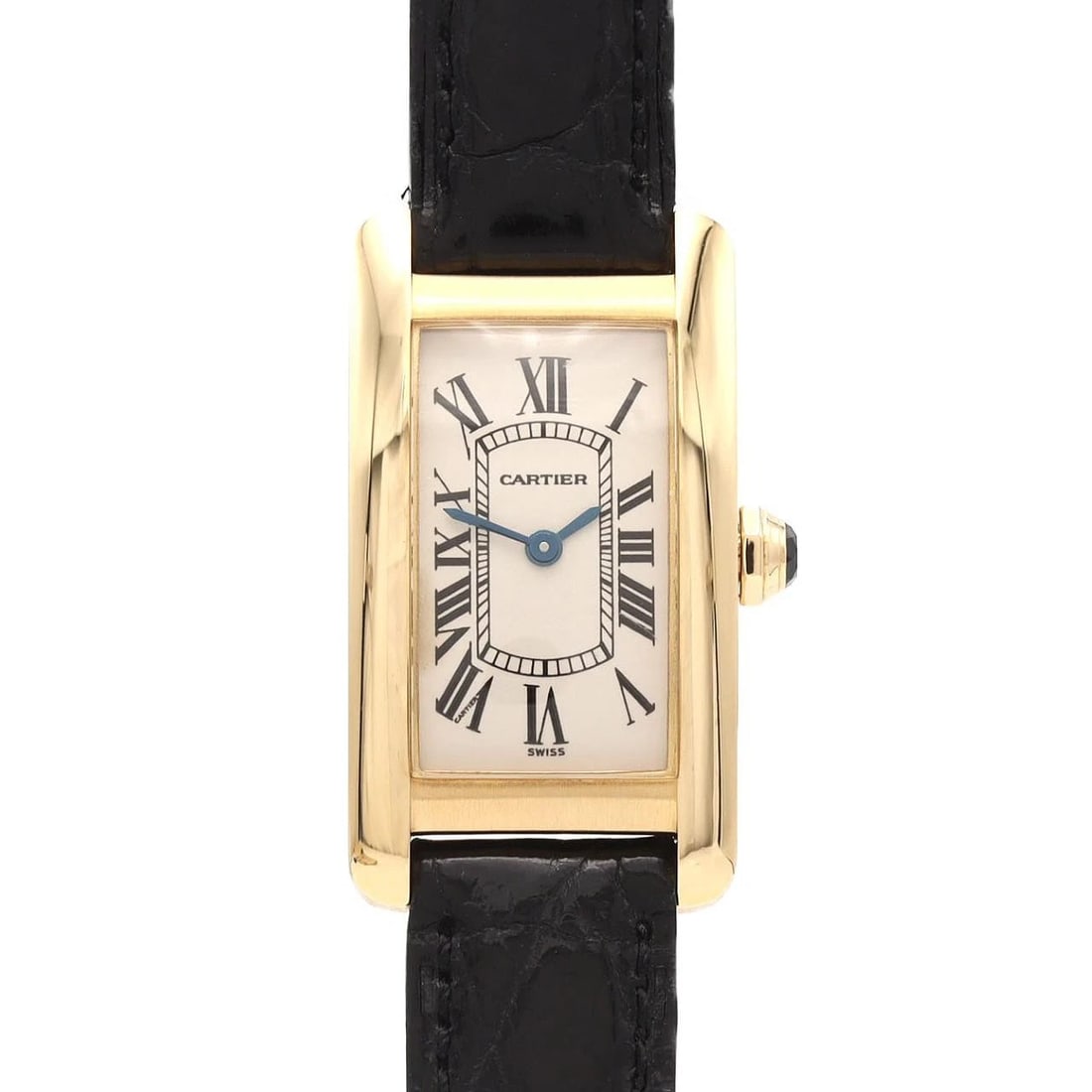 CARTIER TANK AMERICANSM YG QUARTZ WATCH: Cartier Tank AmericanSM YG Quartz Watch Brand: CARTIER Type/Style: Wrist watch Material: Case: Yellow gold Bracelet: Strap Color: Dial Color: Silver/Roman Band Color: Black Size: Case diameter: approx