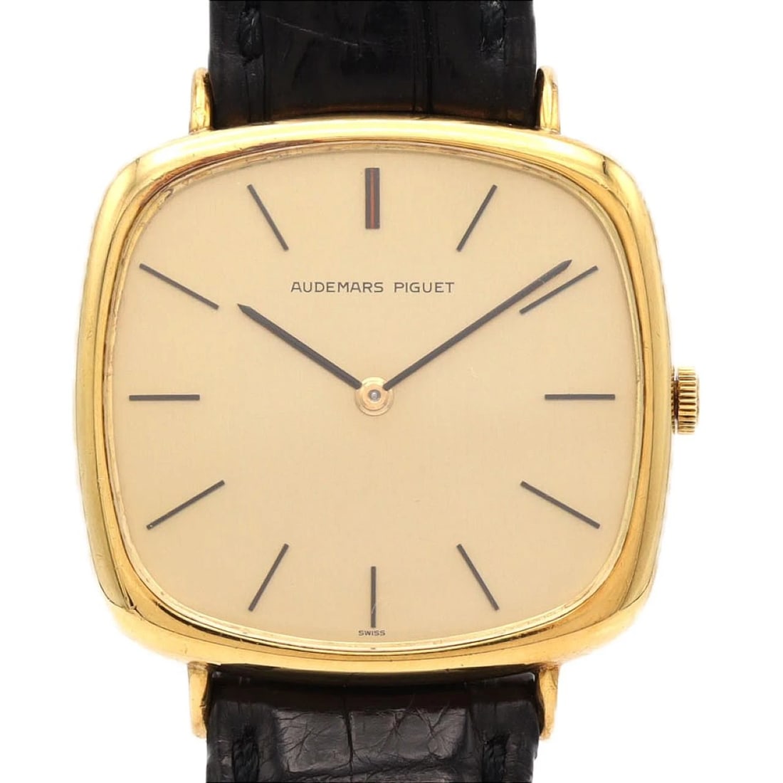 AUDEMARS PIGUET SQUARE CASE YELLOW GOLD WATCH: Audemars Piguet Square Case Yellow Gold Watch Brand: AUDEMARS PIGUET Type/Style: Wrist watch Material: Case: Yellow gold Bracelet: Strap Color: Dial Color: Gold Band Color: Black Size: Case
