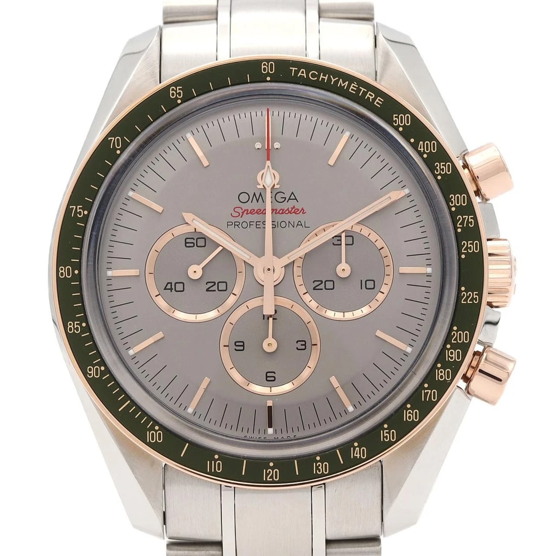 OMEGA SPEEDMASTER PG COMBI OLYMPICS WATCH: Omega Speedmaster PG Combi Olympics Watch Brand: OMEGA Type/Style: Wrist watch Material: Case: Stainless steel x pink gold Bracelet: Stainless steel Color: Dial color: Gray Size: Case diameter: