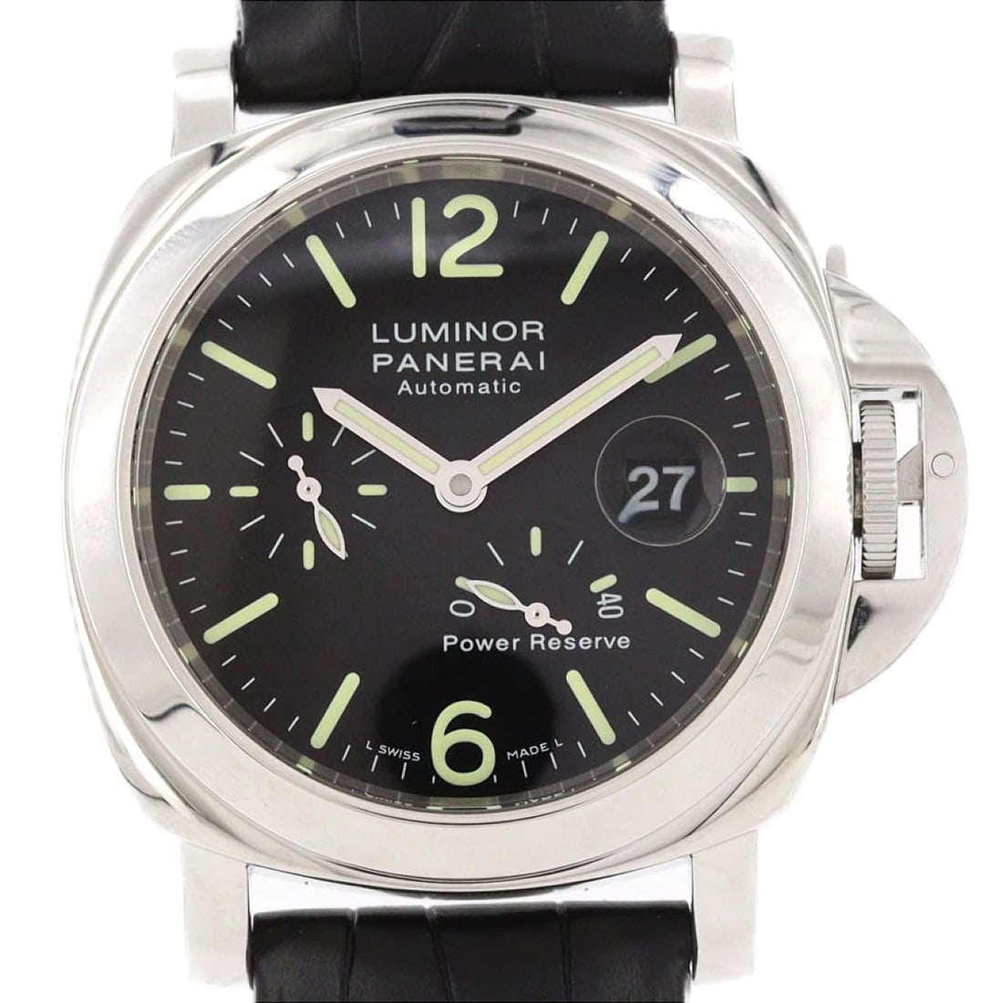 PANERAI LUMINOR POWER RESERVE STAINLESS STEEL MECHANICAL WATCH: Panerai Luminor Power Reserve Stainless Steel Mechanical Watch Brand: PANERAI Type/Style: Wrist watch Material: Case: Stainless Steel Bracelet: Strap Color: Dial Color: Black Band Color: Black Size: