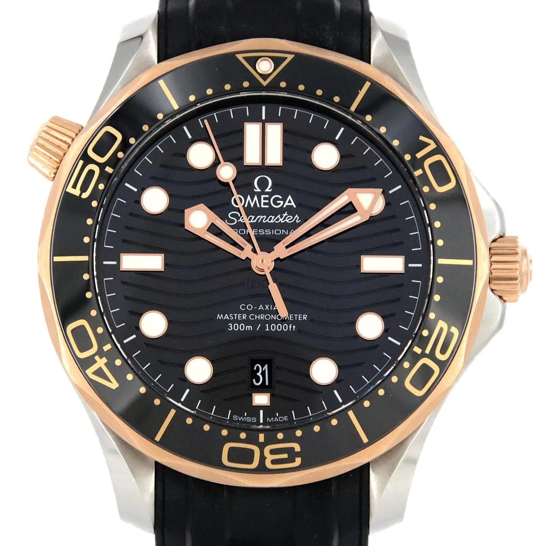 OMEGA SEAMASTER DIVER PG COMBI SSXPG MECH WATCH: Omega Seamaster Diver PG Combi SSxPG Mech Watch Brand: OMEGA Type/Style: Wrist watch Material: Case: Stainless steel x pink gold Bracelet: Rubber Color: Dial Color: Black Band Color: Black Size: Case