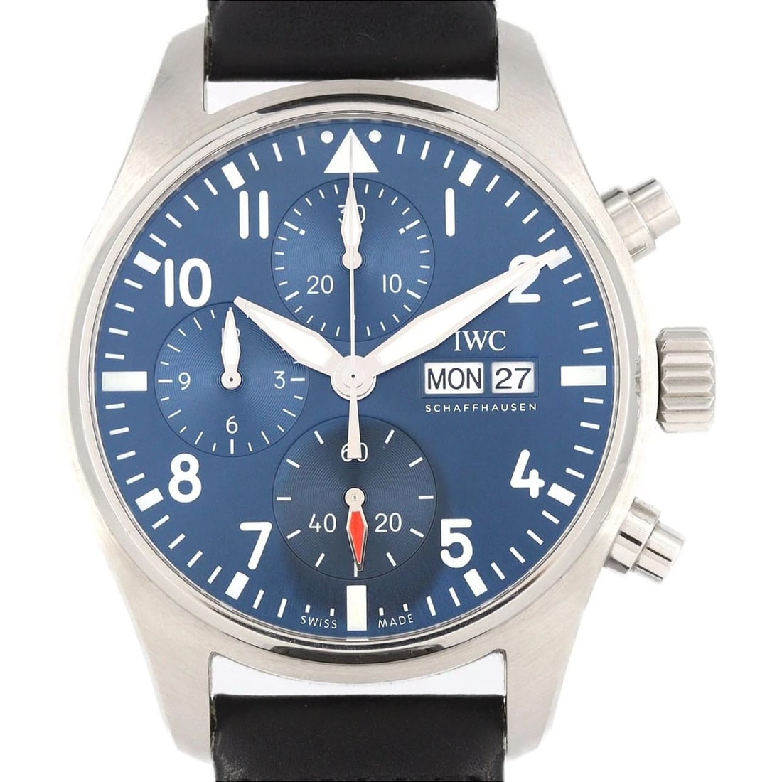 IWC PILOT'S WATCH CHRONOGRAPH 41 STAINLESS STEEL MECHANIC WATCH: IWC Pilot's Watch Chronograph 41 Stainless Steel Mechanic Watch Brand: IWC Type/Style: Wrist watch Material: Case: Stainless Steel Bracelet: Strap Color: Dial Color: Blue/Arabic Band Color: Black