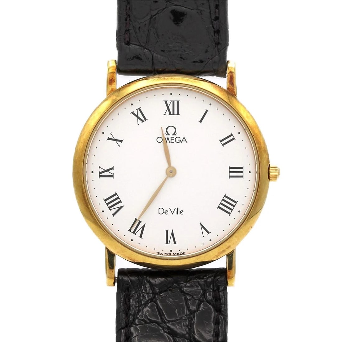 OMEGA DE VILLE YG QUARTZ WATCH: Omega De Ville YG Quartz Watch Brand: OMEGA Type/Style: Wrist watch Material: Case: Yellow gold Bracelet: Strap Color: Dial Color: White/Roman Band Color: Black Size: Case diameter: Approx. 32 Acc