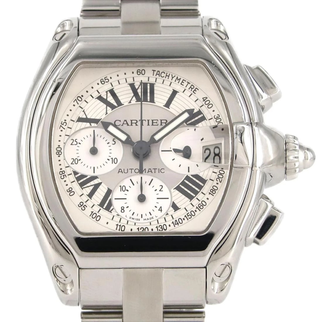 CARTIER ROADSTER CHRONOGRAPH XL STAINLESS STEEL MECHANICA WATCH: Cartier Roadster Chronograph xL Stainless Steel Mechanica Watch Brand: CARTIER Type/Style: Wrist watch Material: Case: Stainless Steel Breath: Stainless Steel Color: Dial color: Silver/Roman Size: Cas