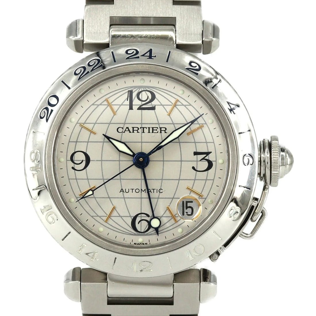 CARTIER PASHA C GMT STAINLESS STEEL MECHANICAL AUTOMATIC WATCH: Cartier Pasha C GMT Stainless Steel Mechanical Automatic Watch Brand: CARTIER Type/Style: Wrist watch Material: Case: Stainless Steel Breath: Stainless Steel Color: Dial Color: Silver Size: Case diame
