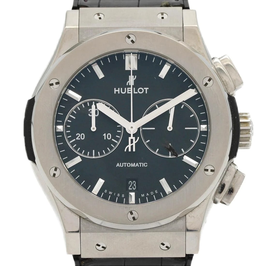 HUBLOT CLASSIC FUSION CHRONOGRAPH TITAN WATCH: Hublot Classic Fusion Chronograph Titan Watch Brand: HUBLOT Type/Style: Wrist watch Material: Case: Titanium Bracelet: Strap Color: Dial Color: Black Band Color: Black Size: Case diameter: Approx.