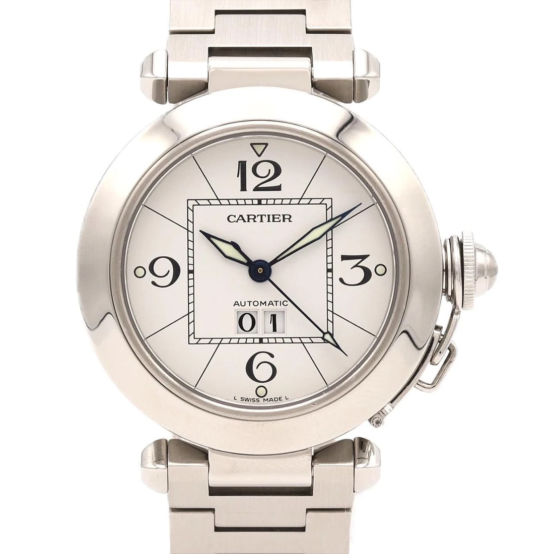CARTIER PASHA GRANDE DATE STAINLESS STEEL MECHANICAL WATCH: Cartier Pasha Grande Date Stainless Steel Mechanical Watch Brand: CARTIER Type/Style: Wrist watch Material: Case: Stainless Steel Breath: Stainless Steel Color: Dial Color: White Size: Case diameter: 