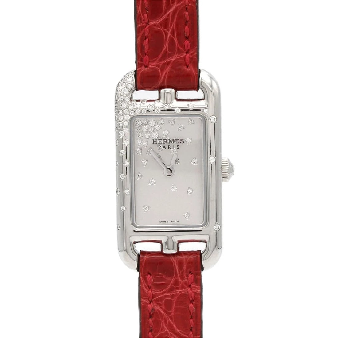 HERMES NANTUCKET JETE DE DIAMANT WATCH: Hermes Nantucket Jete de Diamant Watch Brand: HERMES Type/Style: Wrist watch Material: Case: Stainless Steel Bracelet: Strap Color: Dial color: Silver, Diamonds Band color: Red Size: Case diameter: