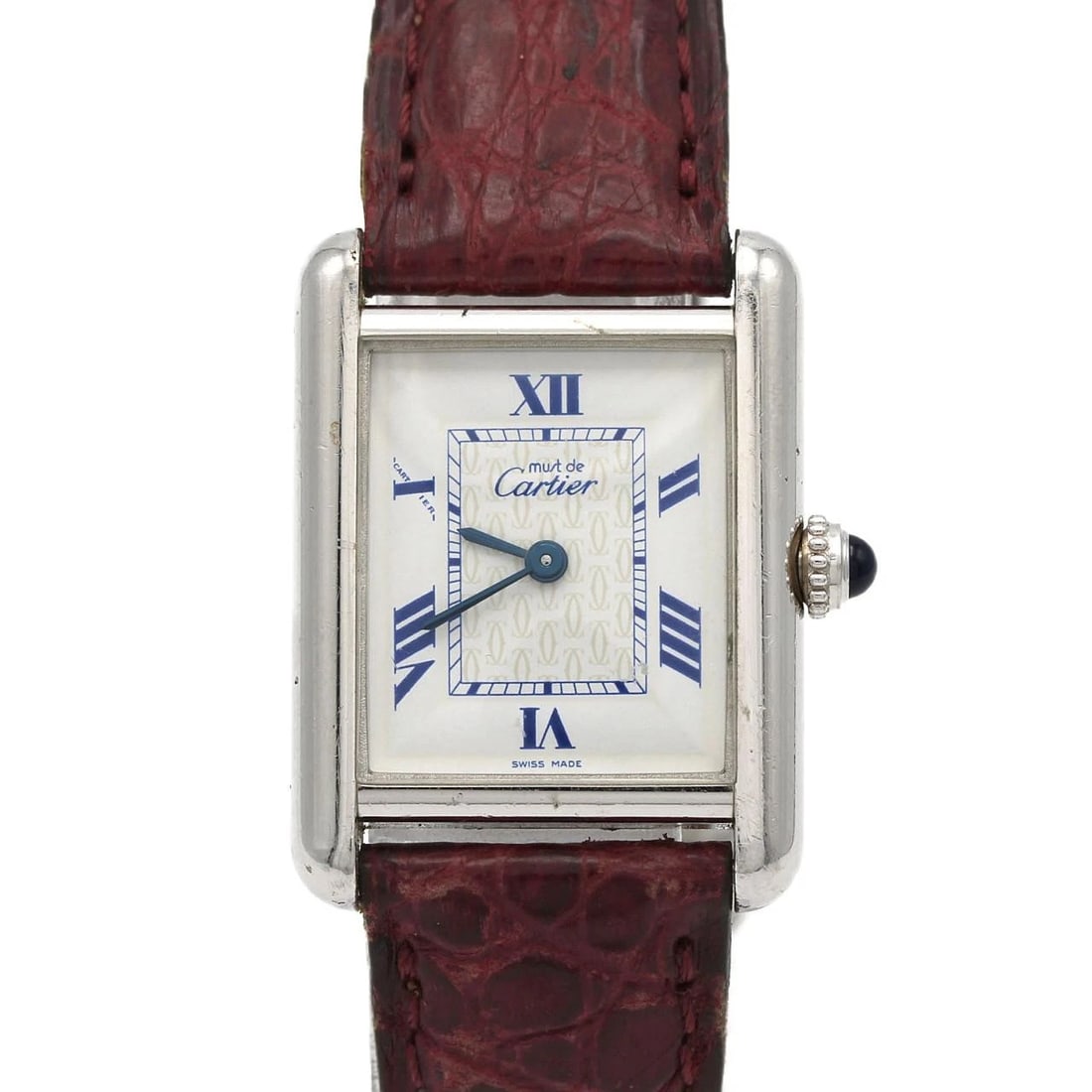 CARTIER MUST TANK SM SILVER WATCH: Cartier Must Tank SM Silver Watch Brand: CARTIER Type/Style: Wrist watch Material: Case: Silver Bracelet: Strap Color: Dial Color: White Band Color: Red Size: Case diameter approx.: 22 x 29 mm mm Max