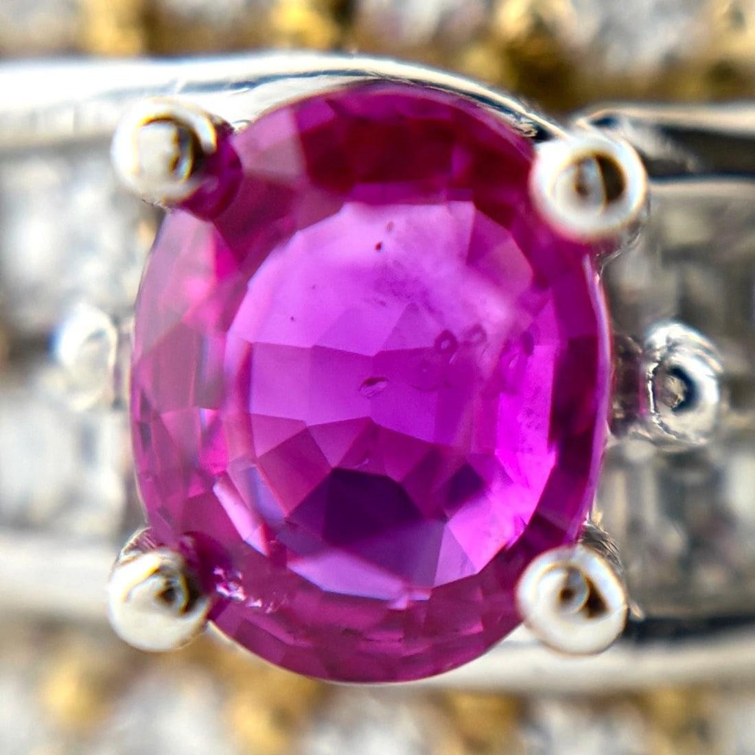 RUBY YG PLATINUM RING MELEE DIAMOND RING: Ruby Yg Platinum Ring Melee Diamond Ring Brand: Unbranded Type/Style: Ring Material: 18K YG, Main Stone Ruby /Secondary Stone:Natural Color: YG Size: US5.5 to 6 Accessories: None Accessories Notice: