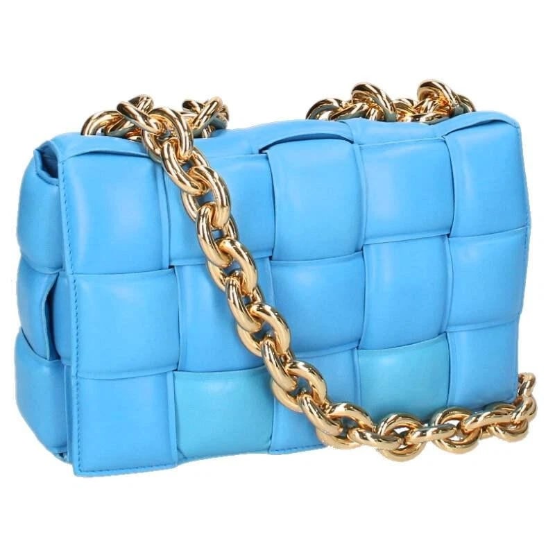 BOTTEGA VENETA BAG: THE CHAIN CASSETTE: BOTTEGA VENETA Bag: The Chain Cassette Brand: BOTTEGA VENETA Type/Style: Shoulder Bag Material: Exterior Material Leather Color: Exterior Color Blue Size: (approx. W10.6 ? H7.5 ? D1.2 inch)