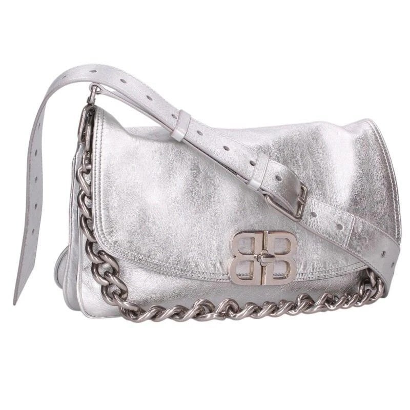 BALENCIAGA BAG: LEATHER CHAIN SHOULDER SILVER: BALENCIAGA Bag: Leather Chain Shoulder Silver Brand: BALENCIAGA Type/Style: Shoulder Bag Material: Exterior Material Leather Color: Exterior Color Silver Size: (approx. W11.6 ? H6.9 ? D- inch)