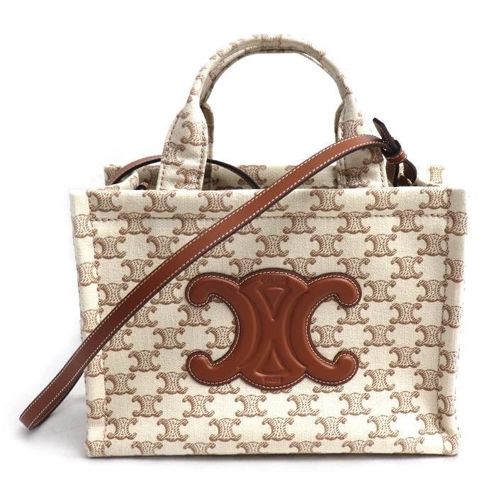 CELINE BAG: TRIOMPHE SMALL CABAS THAIS BEIGE/BROWN: CELINE Bag: Triomphe Small Cabas Thais Beige/Brown Brand: CELINE Type/Style: Shoulder Bag Material: Exterior Material Canvas / Leather Color: Exterior Color Beige / Brown Size: (approx. W10.0 ? H7.5 ?