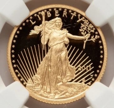 2011-W PROOF GOLD EAGLE 1/4 OZ RED BOOK: 2011-W Proof Gold Eagle 1/4 oz Red Book Year: 2011 Composition: GOLD Denomination: $10 Country of Origin: United States Accessories: None Accessories Notice: When purchasing pre-owned goods, please