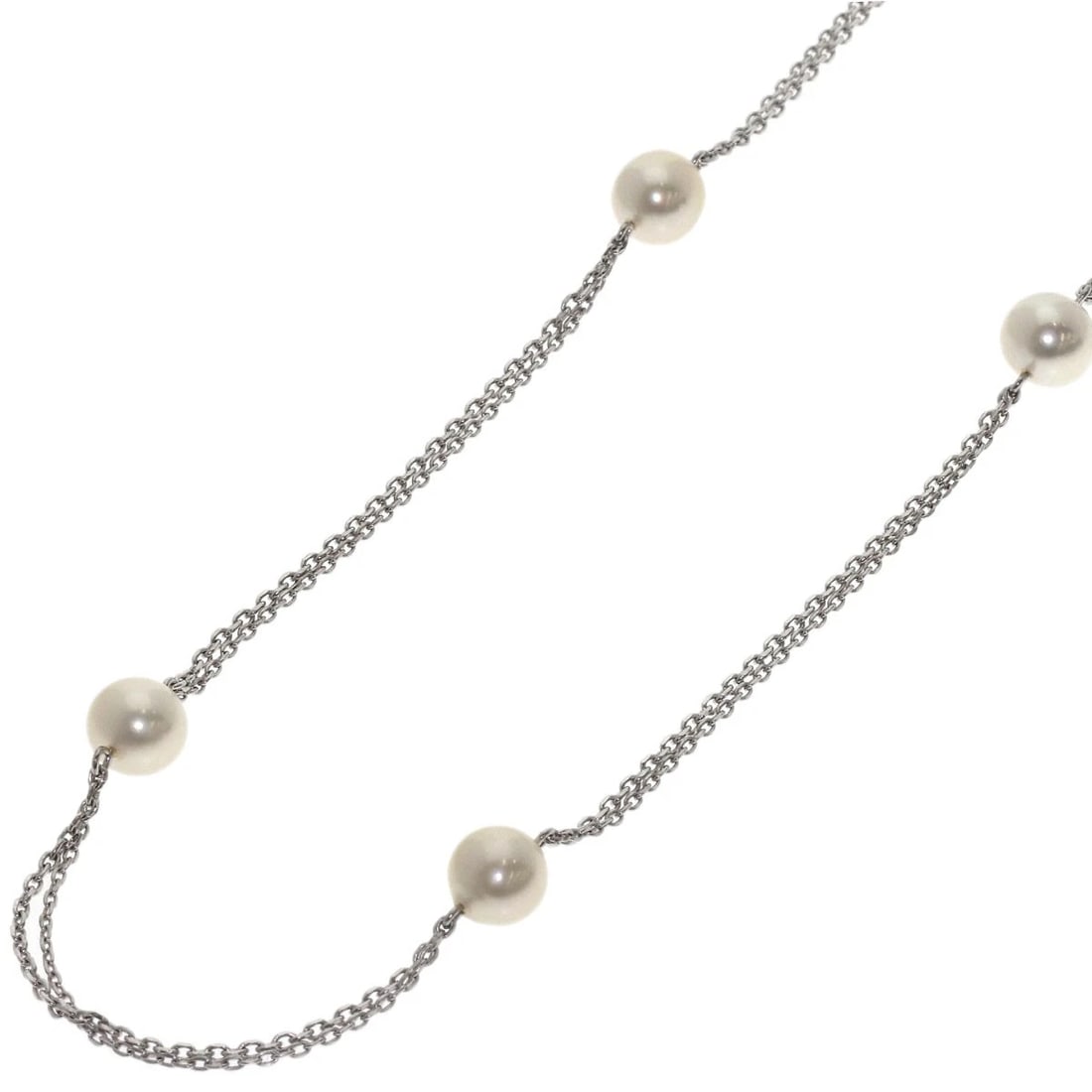 MIKIMOTO STATION PEARL NECKLACE K14 WHITE GOLD: MIKIMOTO Station Pearl Necklace K14 White Gold Brand: MIKIMOTO Type/Style: Necklace Material: K14 White Gold, Main Stone Pearl Color: Silver Size: Stone Size:0.3inch/6.9-7.2mm Chain Length:31.5inch/80