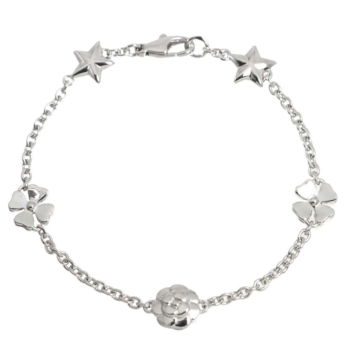 CHANEL THREE SYMBOLS BRACELET WHITE GOLD: CHANEL Three Symbols Bracelet White Gold Brand: CHANEL Type/Style: Bracelet Material: 750 White Gold, Color: White Gold Size: Inner circumference 6.5 inch Width:(max.)8.8 mm Accessories: None