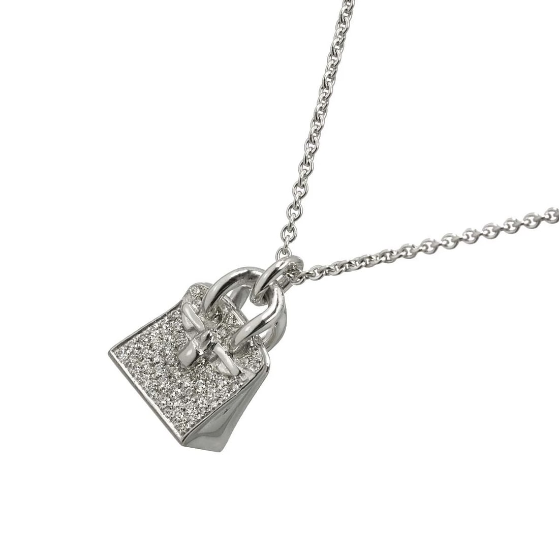 HERMES AMULET DIAMOND NECKLACE: HERMES Amulet Diamond Necklace Brand: HERMES Type/Style: Necklace Material: 750 White Gold, Color: White Gold Size: Internal circumference of the chain:15.7inch to 15inch Top Charm:W11.4 x H18.5 mm