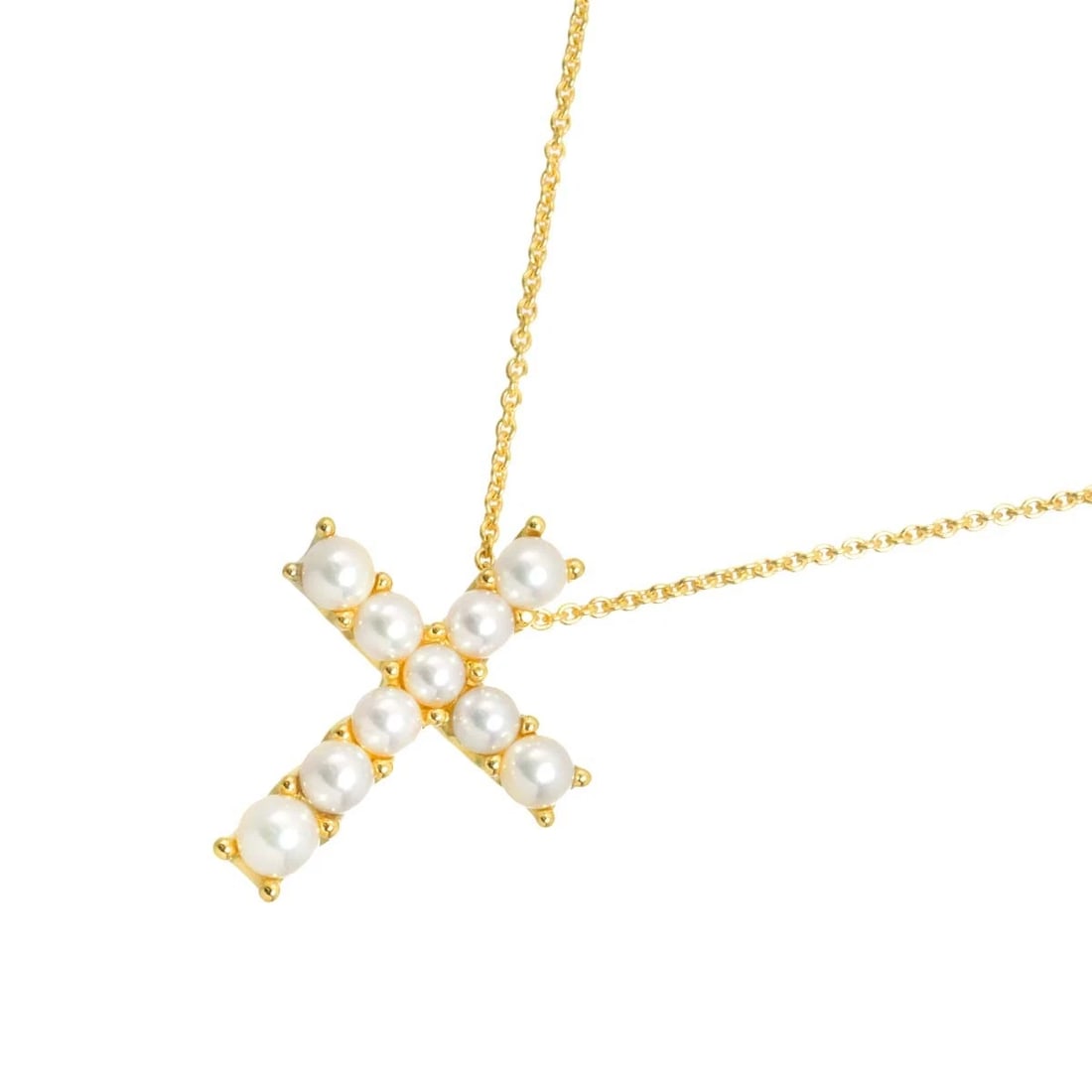 MIKIMOTO BABY PEARL CROSS NECKLACE: MIKIMOTO Baby Pearl Cross Necklace Brand: MIKIMOTO Type/Style: Necklace Material: 750 Yellow Gold, Color: Yellow Gold Size: internal circumference of the chain: 16.5inch Top Charm(max):W 20x H25mm
