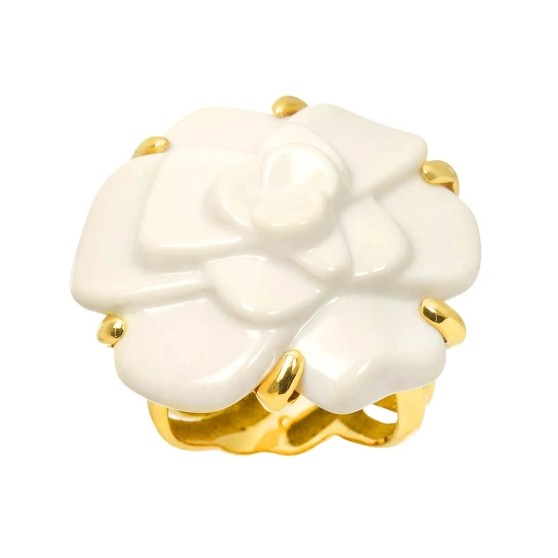 CHANEL CAMELLIA CACHOLONG RING YG 750: CHANEL Camellia Cacholong Ring YG 750 Brand: CHANEL Type/Style: Ring Material: 750 Yellow Gold, Color: Yellow Gold Size: 5-5.25(US) Accessories: None Accessories Notice: When purchasing pr