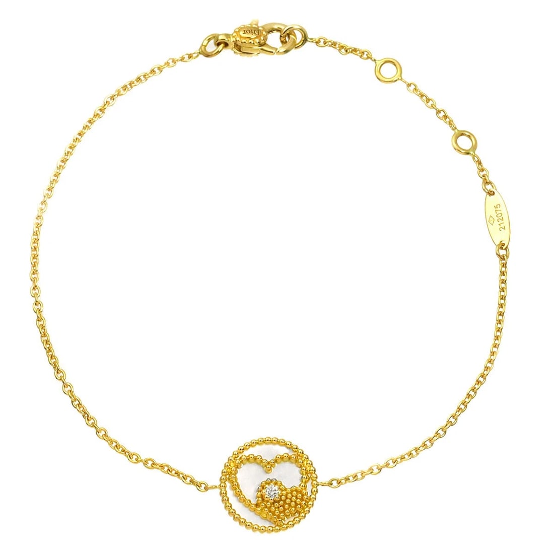 CHRISTIAN DIOR ROSE DIAMOND HEART BRACELET: Christian Dior Rose Diamond Heart Bracelet Brand: Christian Dior Type/Style: Bracelet Material: 750 Yellow Gold MOP, Main Stone Natural Color: Gold Size: Inner circumference 6.9inch to 5.9inch