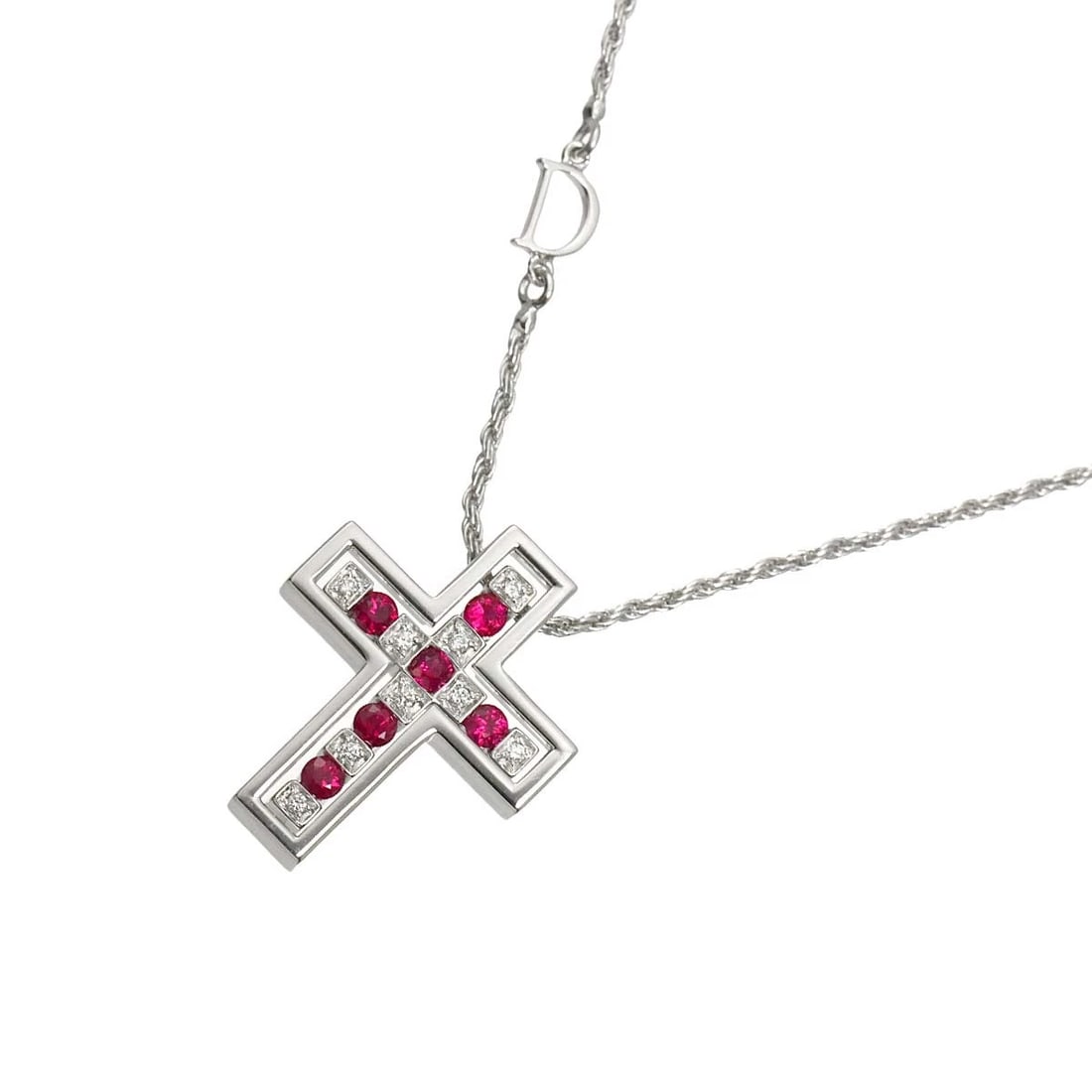 DAMIANI BELLE EPOQUE DIAMOND RUBY CROSS NECKLACE: DAMIANI Belle Epoque Diamond Ruby Cross Necklace Brand: DAMIANI Type/Style: Necklace Material: 750 White Gold, Main Stone Ruby Color: White Gold Size: internal circumference of the chain:19.3inch to