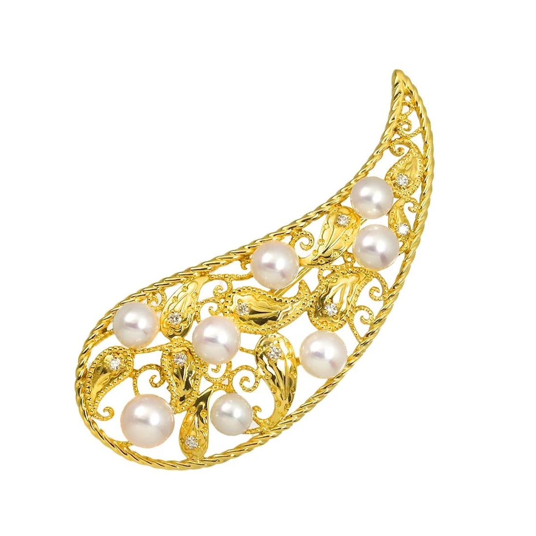 MIKIMOTO AKOYA PEARL DIAMOND BROOCH: MIKIMOTO Akoya pearl Diamond Brooch Brand: MIKIMOTO Type/Style: Brooch Material: 750 Yellow Gold, Color: Yellow Gold Size: W27.4 x H64.5mm Thickness:9mm Accessories: None Accessories Notic