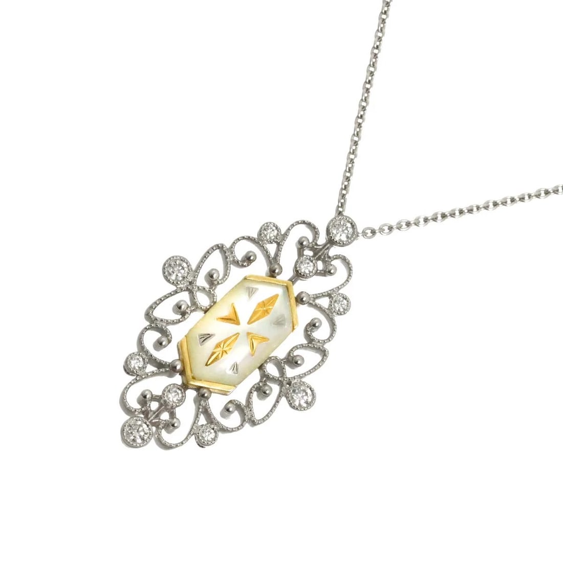 MIKIMOTO PIQUE DIAMOND NECKLACE: MIKIMOTO Pique Diamond Necklace Brand: MIKIMOTO Type/Style: Necklace Material: 750 White,Yewllo GoldMOP, Color: White Gold Size: internal circumference of the chain:19.7inch(Adjustable) Top