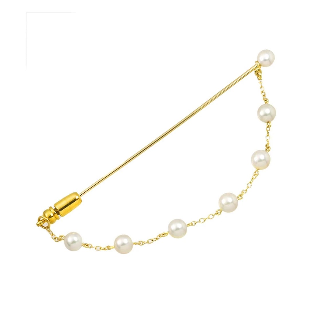 MIKIMOTO AKOYA PIN BROOCH: MIKIMOTO Akoya Pin Brooch Brand: MIKIMOTO Type/Style: Brooch Material: 14K Yellow Gold, Color: Yellow Gold Size: W73 x H4.5mm Thickness:4.5mm Chain length: 11 cm Accessories: None Accessories Notice: