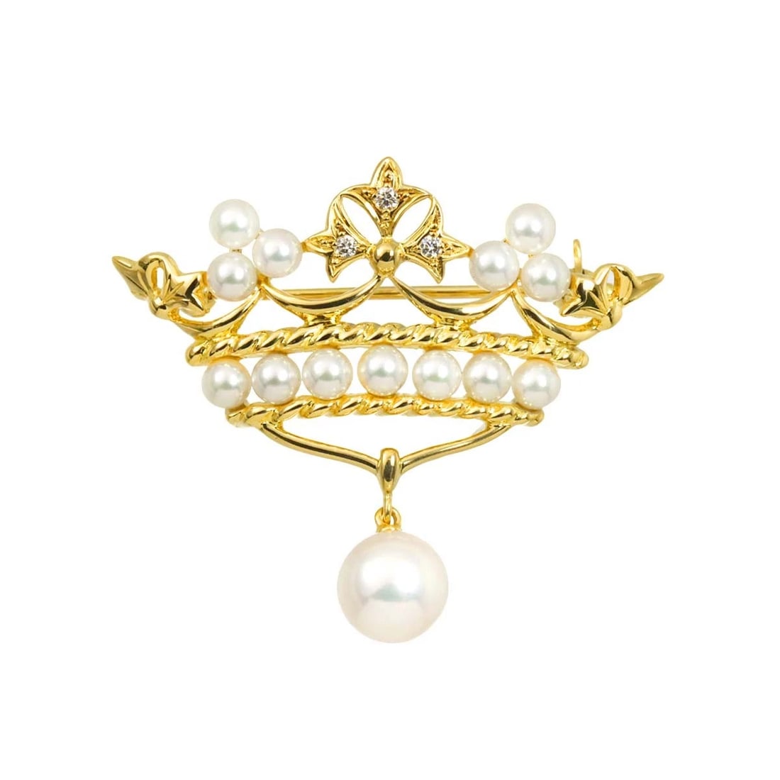 MIKIMOTO PEARL DIAMOND BROOCH: MIKIMOTO pearl Diamond Brooch Brand: MIKIMOTO Type/Style: Brooch Material: 750 Yellow Gold, Color: Yellow Gold Size: W36 x H31.7mm Thickness:7.2mm Accessories: None Accessories Notice: When
