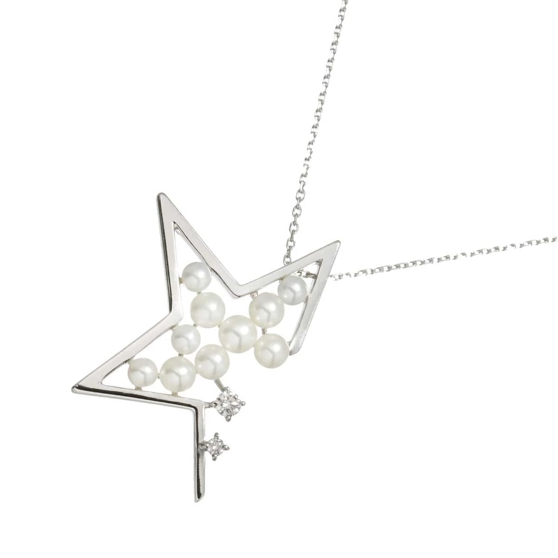 TASAKI BABY PEARL DIAMOND NECKLACE: TASAKI Baby Pearl Diamond Necklace Brand: TASAKI Type/Style: Necklace Material: 750 White Gold, Color: White Gold Size: internal circumference of the chain: 19.7inch to 17.7inch Top Charm:W18.5 x H29 