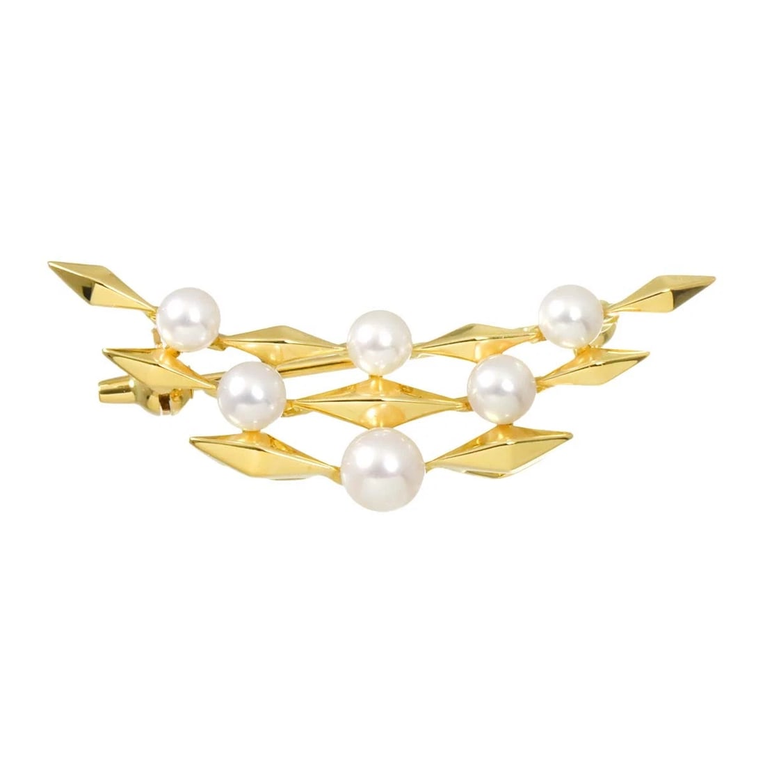 MIKIMOTO AKOYA PEARL BROOCH: MIKIMOTO Akoya Pearl Brooch Brand: MIKIMOTO Type/Style: Brooch Material: 750 Yellow Gold, Color: Yellow Gold Size: W37 x H14mm Thickness:5.6mm Accessories: None Accessories Notice: When purchasing