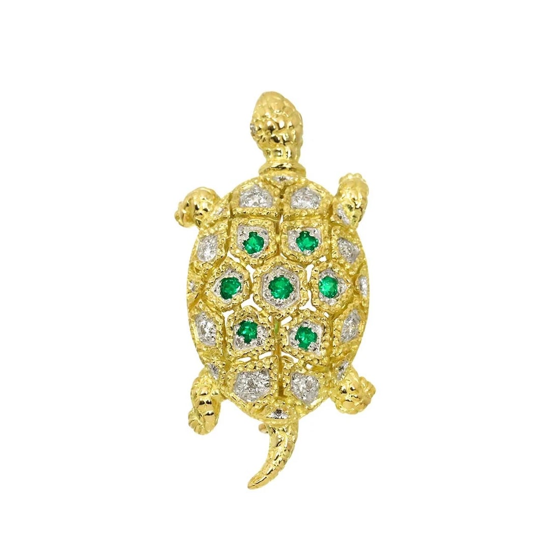 EMERALD DIAMOND BROOCH PENDANT YG 750: Emerald Diamond Brooch Pendant YG 750 Brand: Unbranded Type/Style: Brooch Material: 750 Yellow Gold, Color: Gold Size: W 32.9 x H 16mm Thickness:7.1mm bail:(inside dimension) W 2.2 x H 4.3mm