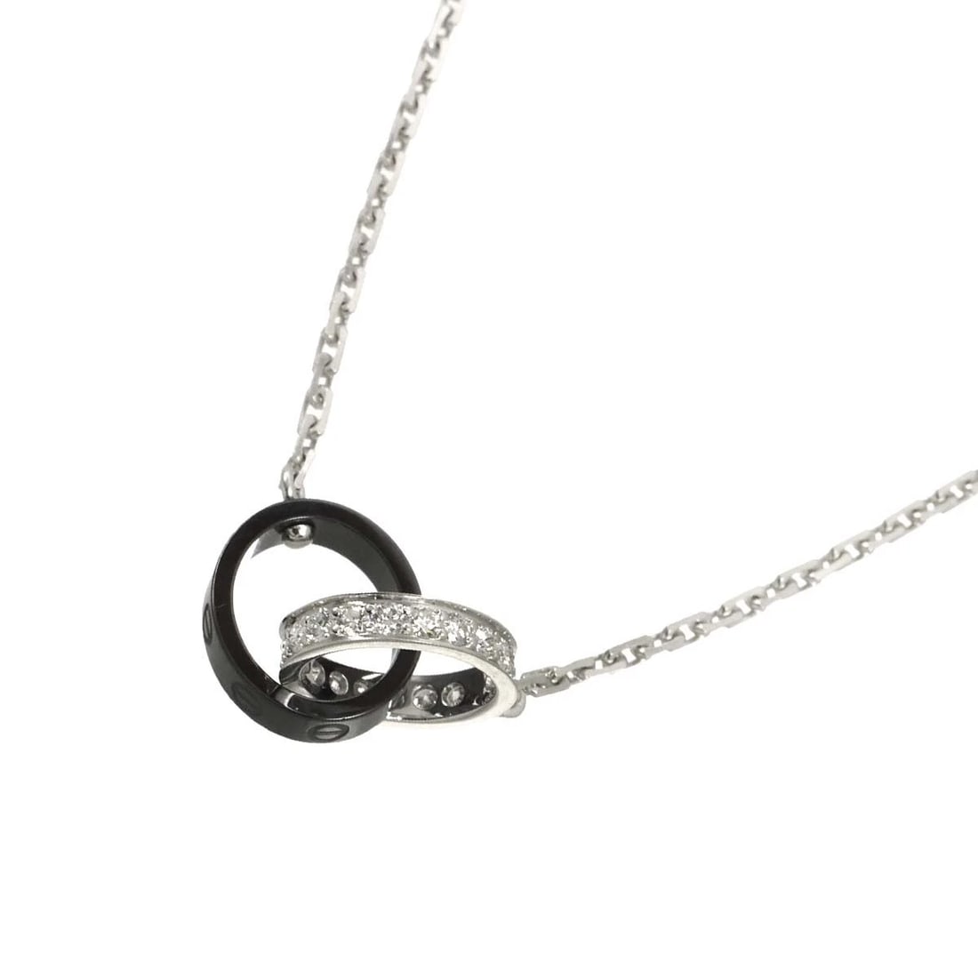 CARTIER BABY LOVE DIAMOND CERAMIC NECKLACE: Cartier Baby Love Diamond Ceramic Necklace Brand: Cartier Type/Style: Necklace Material: 750 White Gold, Color: Gold Size: internal circumference of the chain:16.9inch Top Charm(max):W20x H9.6mm Thick