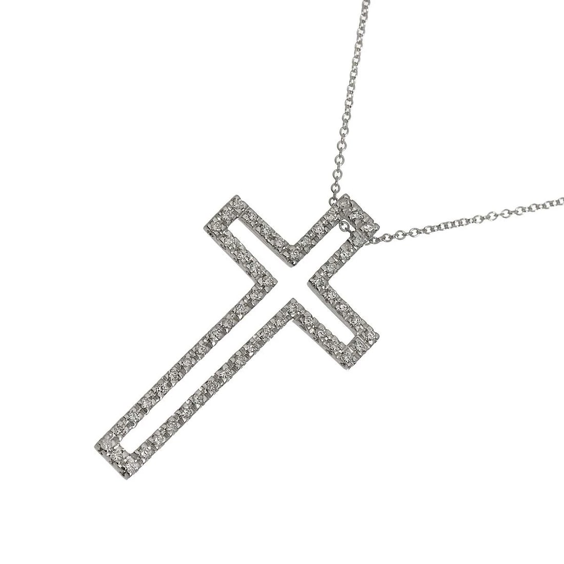 PONTE VECCHIO CROSS MOTIF DIAMOND NECKLACE: Ponte Vecchio Cross Motif Diamond Necklace Brand: Ponte Vecchio Type/Style: Necklace Material: 750 White Gold, Color: White Gold Size: internal circumference of the chain:15.7inch Top Charm:W 20.8 x
