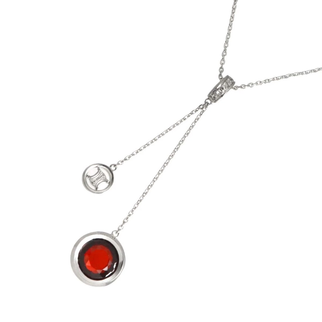 CELINE GARNET DIAMOND NECKLACE: CELINE Garnet Diamond Necklace Brand: CELINE Type/Style: Necklace Material: 750 White Gold, Color: White Gold Size: internal circumference of the chain:16.5inch to 15inch Top Charm(max):W13.6x H64.3mm