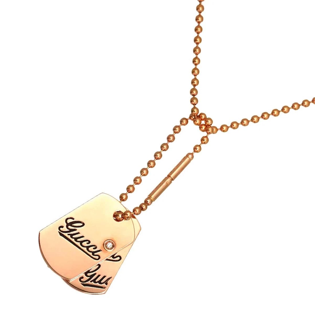 GUCCI DOG TAGS DIAMOND NECKLACE: GUCCI Dog tags Diamond Necklace Brand: GUCCI Type/Style: Necklace Material: 750 Pink Gold, Color: Pink Gold Size: Total length of the chain:17.7inch TopCharm(max):W 12.4x H49.5mm(Includes chain)