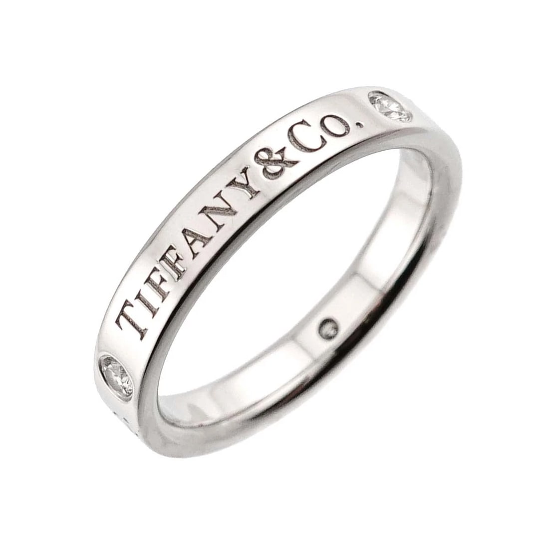 TIFFANY CO. LOGO FLAT BAND RING DIAMOND 3P PLATINUM: TIFFANY Co. Logo Flat Band Ring Diamond 3P Platinum Brand: TIFFANY Co. Type/Style: Ring Material: PT950, Main Stone Natural Color: Platinum Size: 4-4.5(US) Accessories: None Accessories No