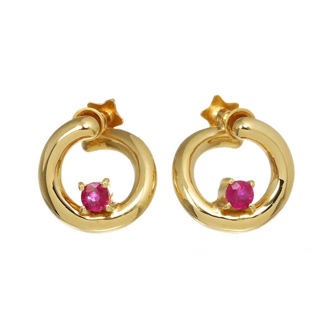STAR JEWELRY RUBY EARRINGS: Star Jewelry Ruby Earrings Brand: Star Jewelry Type/Style: Earrings Material: 750 Yellow Gold, Main Stone Ruby Color: Yellow Gold Size: W12.4 x H12.3mm Accessories: None Accessories Notice: When