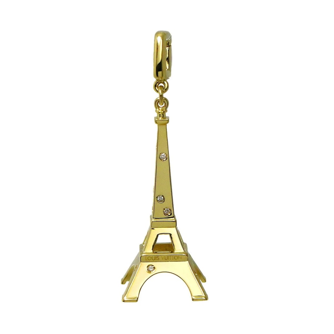 LOUIS VUITTON DIAMOND CHARM PENDANT TOP: LOUIS VUITTON Diamond Charm Pendant Top Brand: LOUIS VUITTON Type/Style: Pendant Material: 750 Yellow Gold, Main Stone Natural Color: Yellow Gold Size: W17x H52mm(full length) Thickness:17mm bail:(ins
