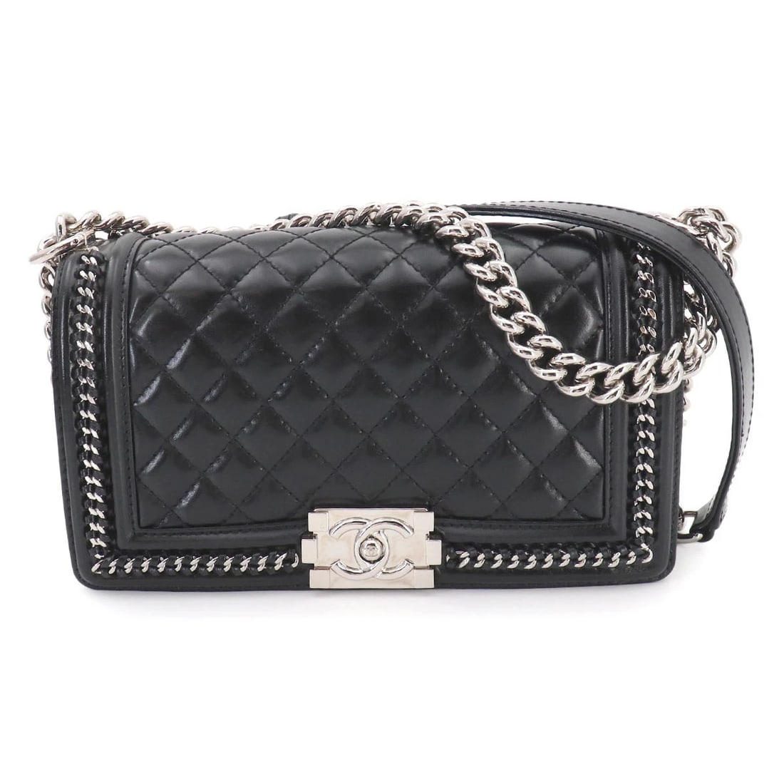 CHANEL BOY CHANEL CHAIN SHOULDER BAG: CHANEL BOY CHANEL Chain Shoulder Bag Brand: CHANEL Type/Style: Shoulder Bag Material: Leather Color: Black Size: W 9.84 inch, H 5.51 inch, D 2.76 inch Accessories: None Accessories Notice: