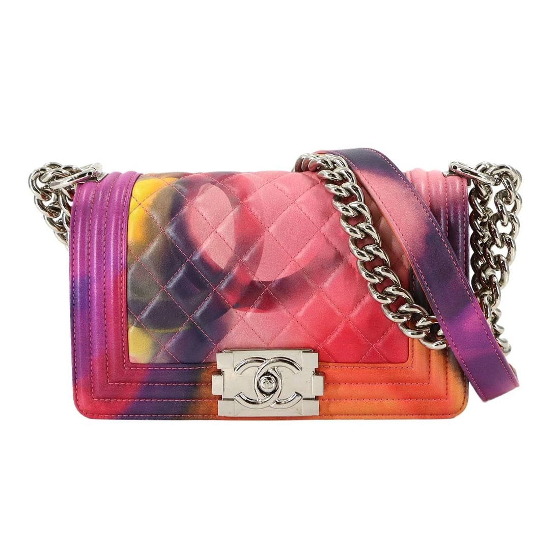 CHANEL BOY CHANEL SMALL FLOWER POWER CHAIN SHOULDER BAG: CHANEL BOY CHANEL Small Flower Power Chain Shoulder Bag Brand: CHANEL Type/Style: Shoulder Bag Material: Leather Color: Multicolor Size: W 7.87 inch, H 4.72 inch, D 2.56 inch Accessories: None