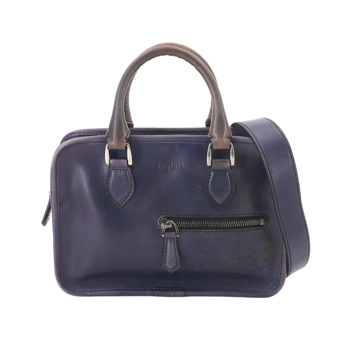 BERLUTI UNJOUR GULLIVER 2WAY HAND BAG: Berluti Unjour Gulliver 2way Hand Bag Brand: Berluti Type/Style: Hand Bag / Shoulder Bag Material: Venezia Leather Color: Navy Size: W 9.45 inch, H 6.69 inch, D 2.36 inch Accessories: None