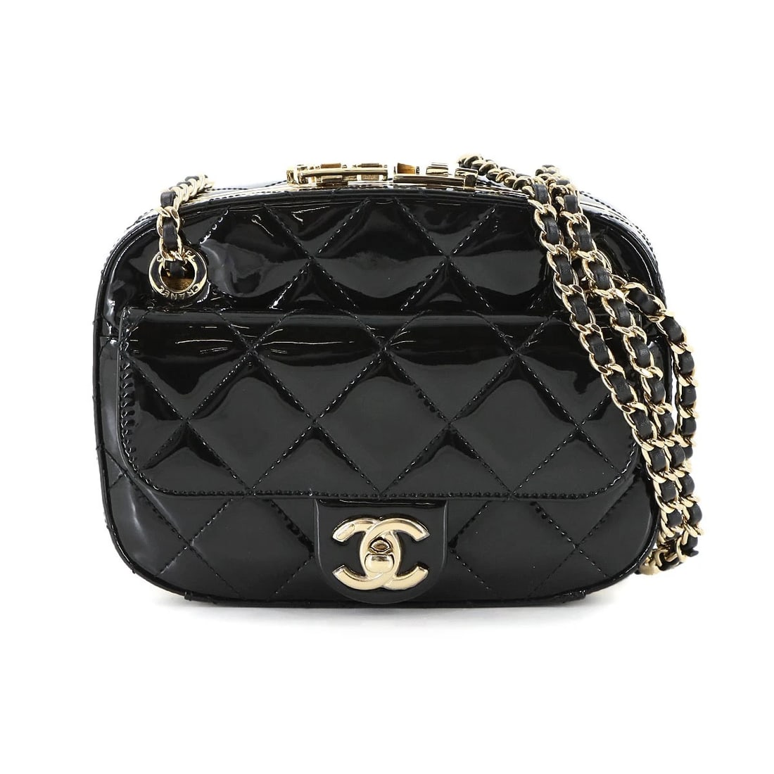 CHANEL MINI CAMERA CASE CHAIN SHOULDER BAG: CHANEL Mini Camera Case Chain Shoulder Bag Brand: CHANEL Type/Style: Shoulder Bag Material: Patent leather Color: Black Size: W 6.89 inch, H 5.31 inch, D 2.36 inch Accessories: None Access