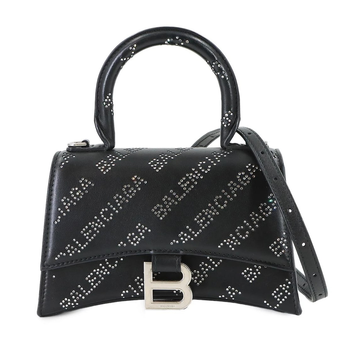 BALENCIAGA HOURGLASS XS HAND SHOULDER BAG: BALENCIAGA Hourglass xS Hand Shoulder Bag Brand: BALENCIAGA Type/Style: Hand Bag / Shoulder Bag Material: Leather Color: Black Size: W 7.48 inch, H 4.72 inch, D 2.95 inch Accessories: None