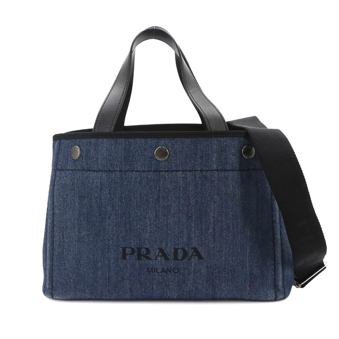 PRADA 2WAY HAND SHOULDER BAG DENIM LEATHER BLUE BLACK: PRADA 2way Hand Shoulder Bag Denim Leather Blue Black Brand: PRADA Type/Style: Hand Bag / Shoulder Bag Material: Denim , Leather Color: Blue , Black Size: W 12.40 inch, H 8.07 inch, D 6.69 inch Ac