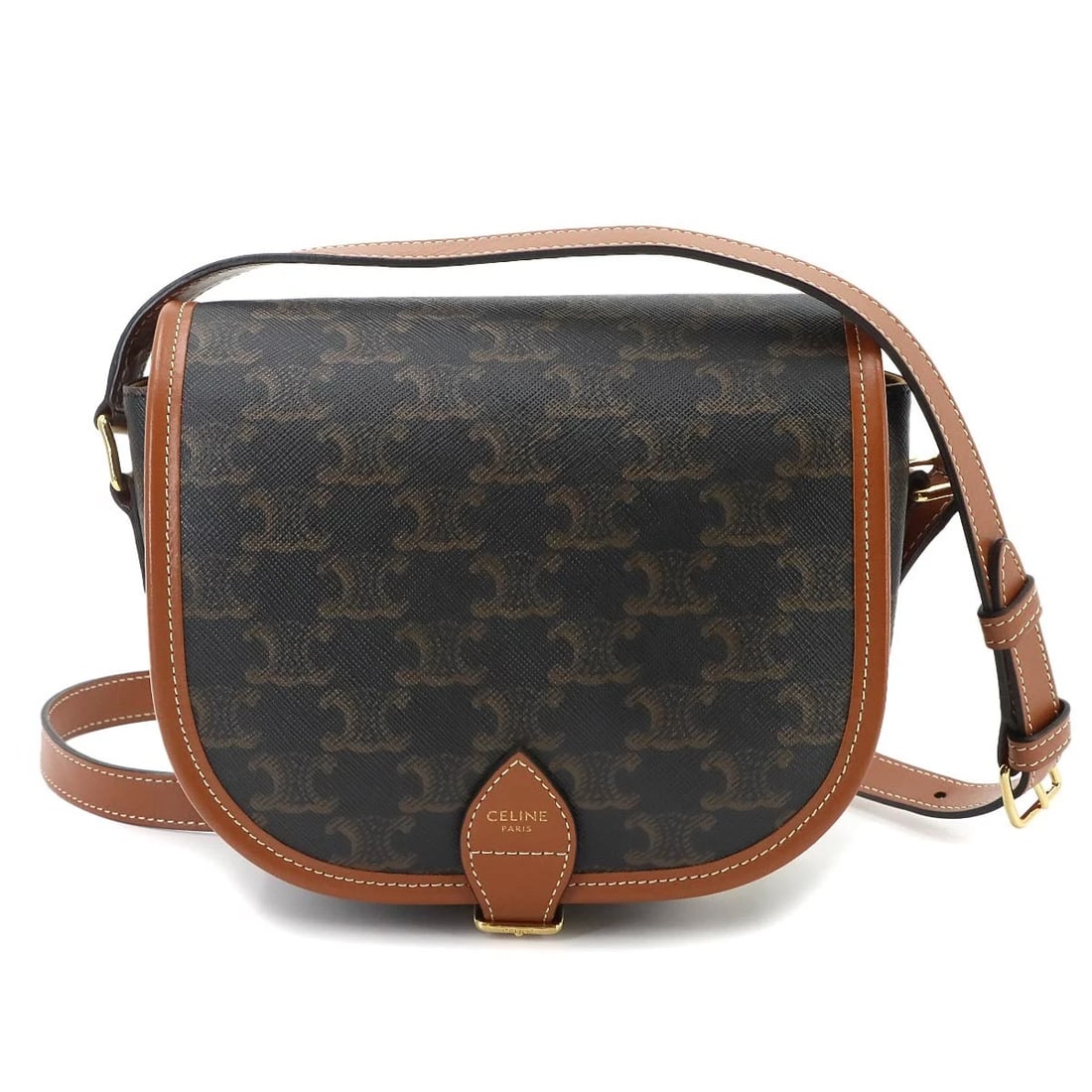 CELINE TRIOMPHE MEDIUM FOLCO SHOULDER BAG: CELINE Triomphe Medium Folco Shoulder Bag Brand: CELINE Type/Style: Shoulder Bag Material: PVC , Leather Color: Tan Size: W 6.50 inch, H 6.69 inch, D 2.95 inch Accessories: None Accessorie