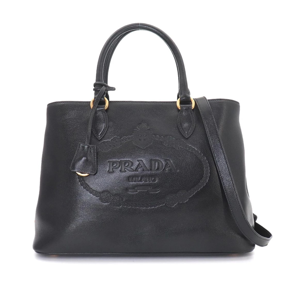 PRADA HAND SHOULDER BAG LEATHER BLACK: PRADA Hand Shoulder Bag Leather Black Brand: PRADA Type/Style: Hand Bag / Shoulder Bag Material: Leather Color: Black Size: W 13.58 inch, H 9.45 inch, D 6.69 inch Accessories: None Accesso