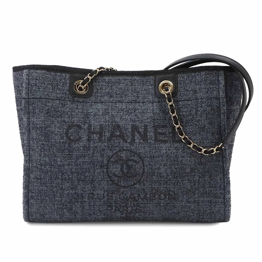 CHANEL DEAUVILLE CHAIN TOTE BAG: CHANEL Deauville Chain Tote Bag Brand: CHANEL Type/Style: Tote Bag Material: Straw , Leather Color: Navy Size: W 13.78 inch, H 10.63 inch, D 5.51 inch Accessories: None Accessories Notice: