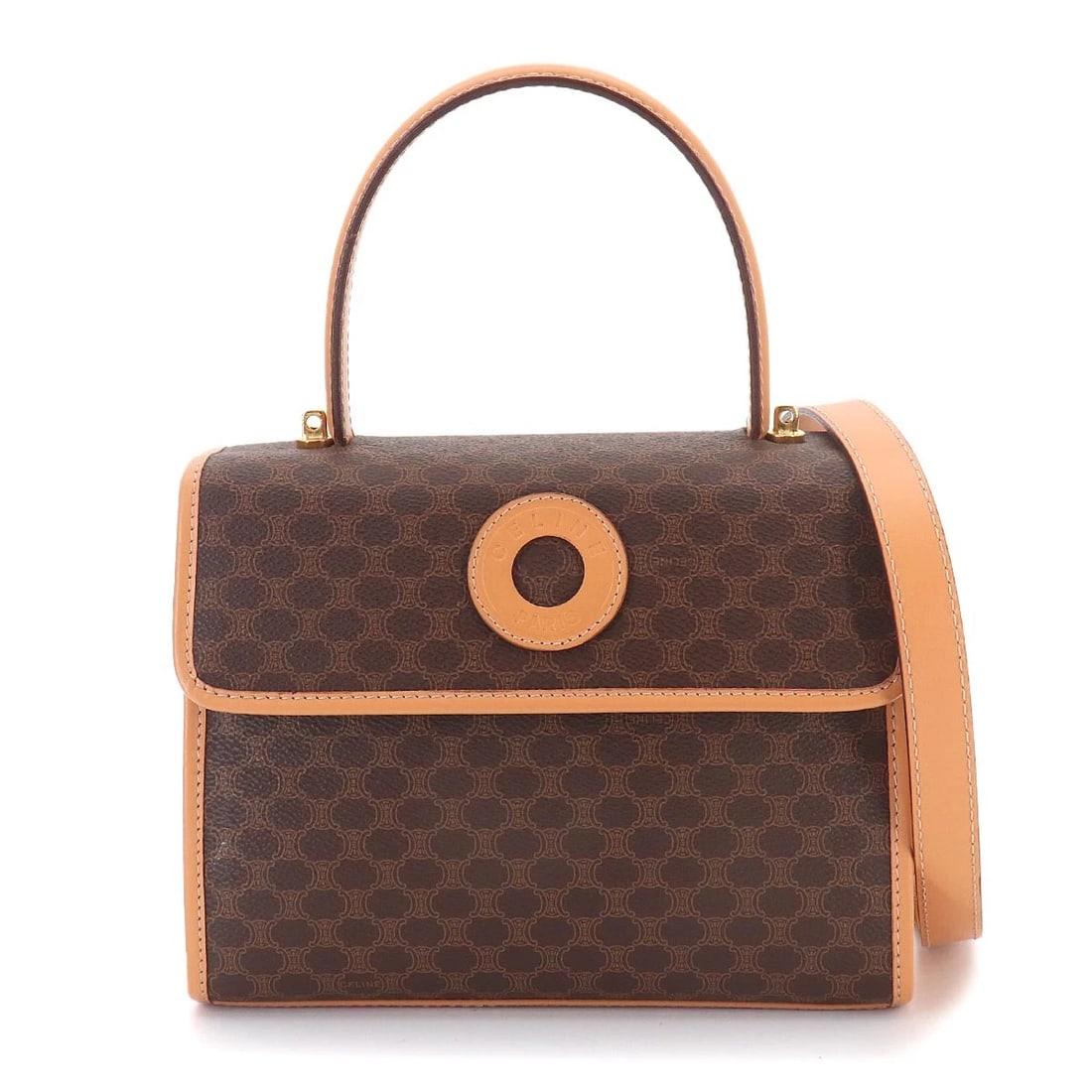 CELINE MACADAM 2WAY HAND SHOULDER BAG: CELINE Macadam 2way Hand Shoulder Bag Brand: CELINE Type/Style: Hand Bag / Shoulder Bag Material: PVC , Leather Color: Brown Size: W 8.86 inch, H 7.09 inch, D 2.95 inch Accessories: None A